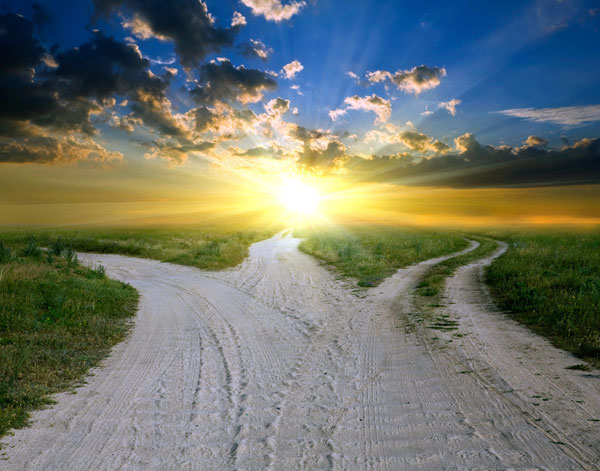 Image of a sandy road with rough tracks splitting into three optional paths.